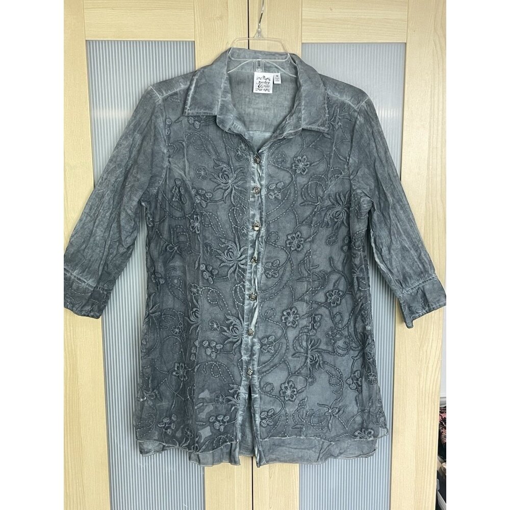 Parsley & Sage Sz M Gray‎ Embellished Tunic Blouse Boho Artsy Lace Sheer Top